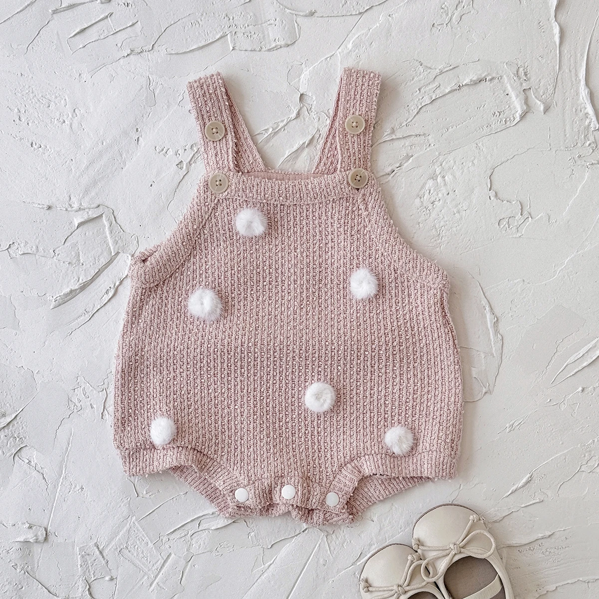 Newborn Baby Girl Adjustable Strap Knit Bodysuit, Sleeveless Pink Romper with Fluffy Pom Pom Decor for 0-18M
