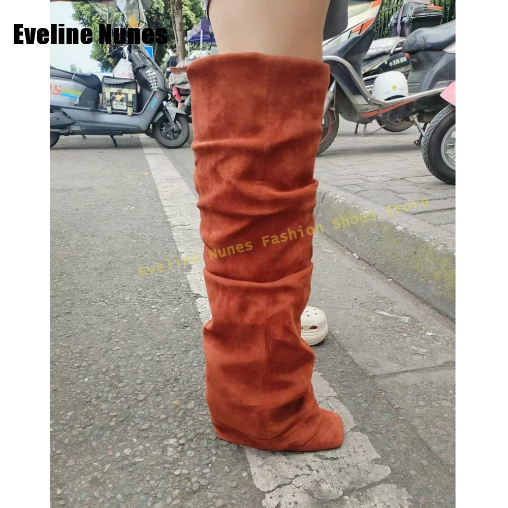 Faux Suède Geplooide Broeklaarzen Vierkante Neus Stiletto Trek Op Pittig Meisje Street Style Over De Knie Laarzen 2025, Mode Schoenen Nieuw