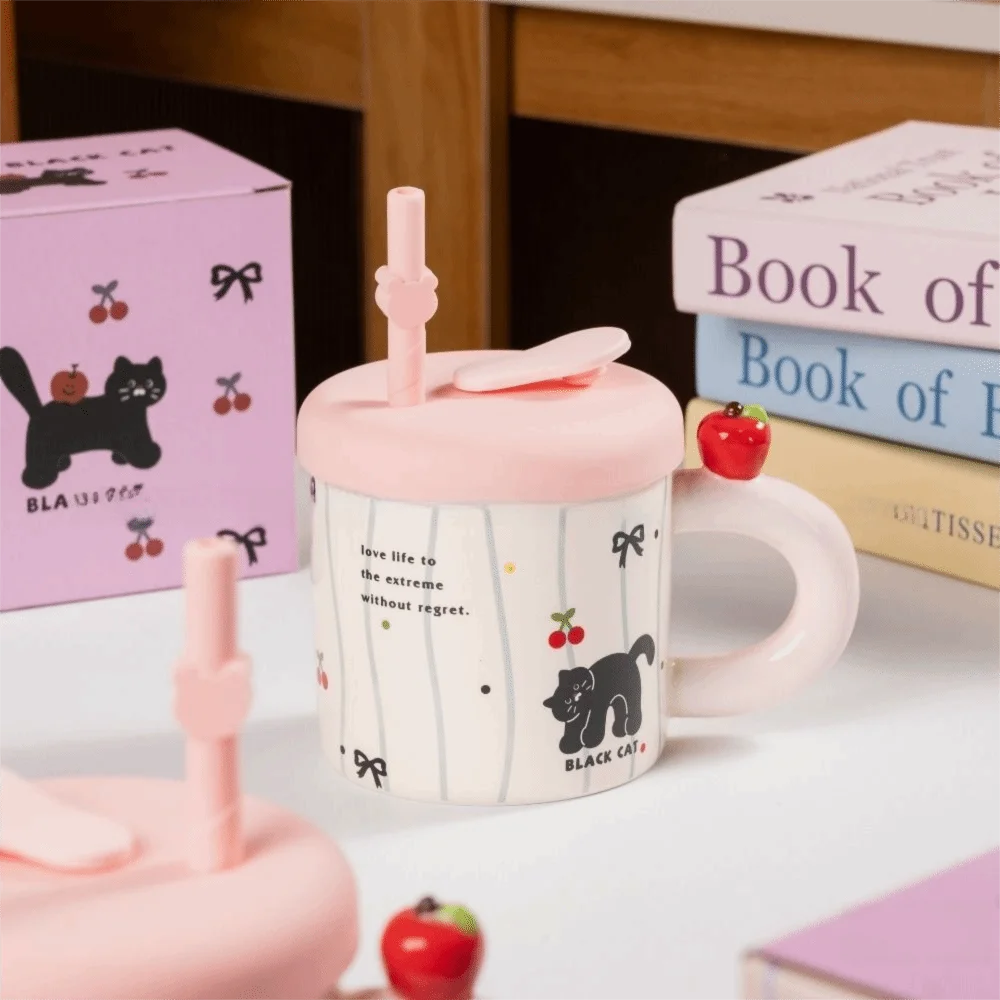 

Cute Cat Pattern Ceramic Coffee Mug with Straw Heat Resistant Cute Drinking Cup Comfortable Grip with Handle