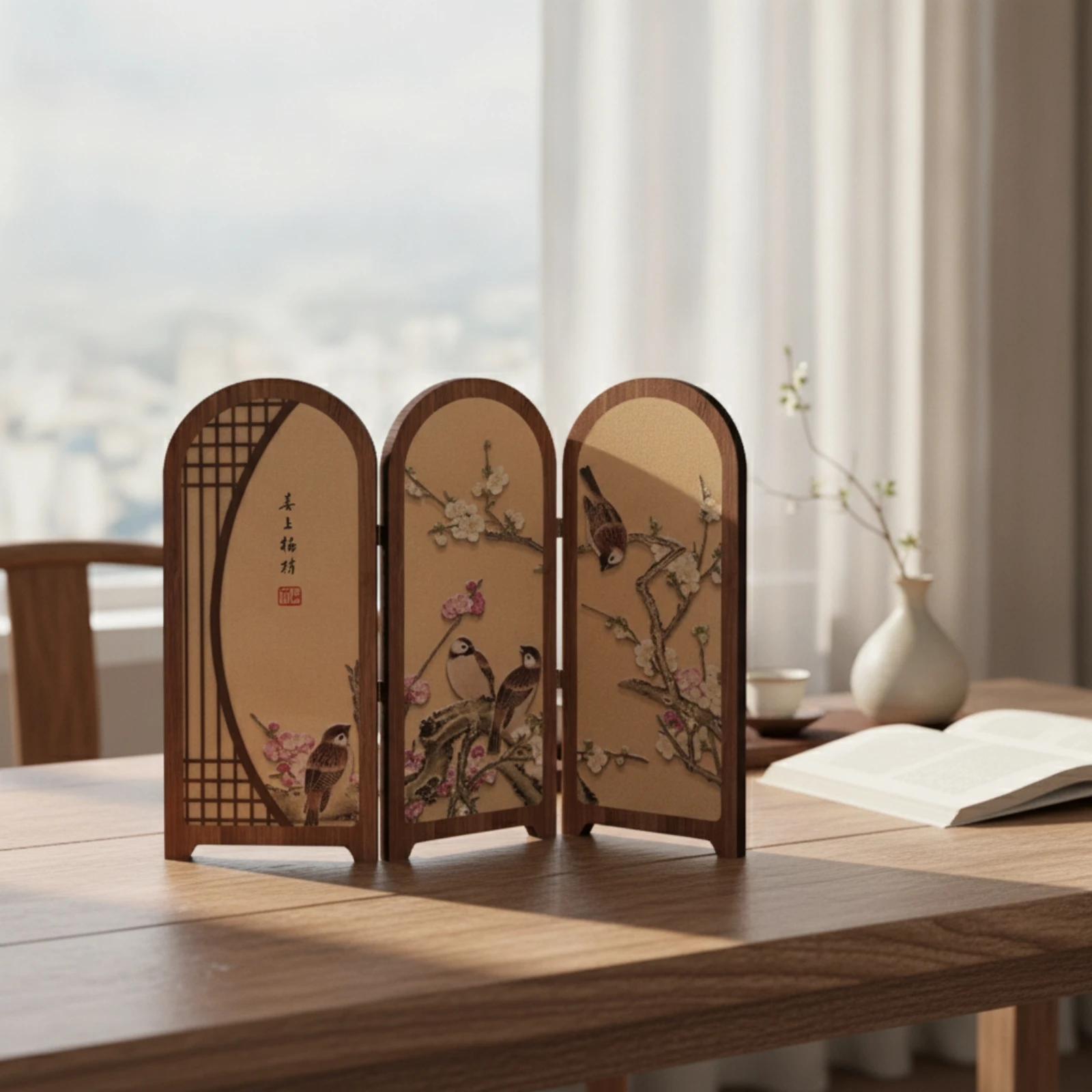 Desktop Folding Screen Chinese Style Mini Folding Screen with Base Decor Wood-Grain Decorative for Homeowners, Desk, Tea Table