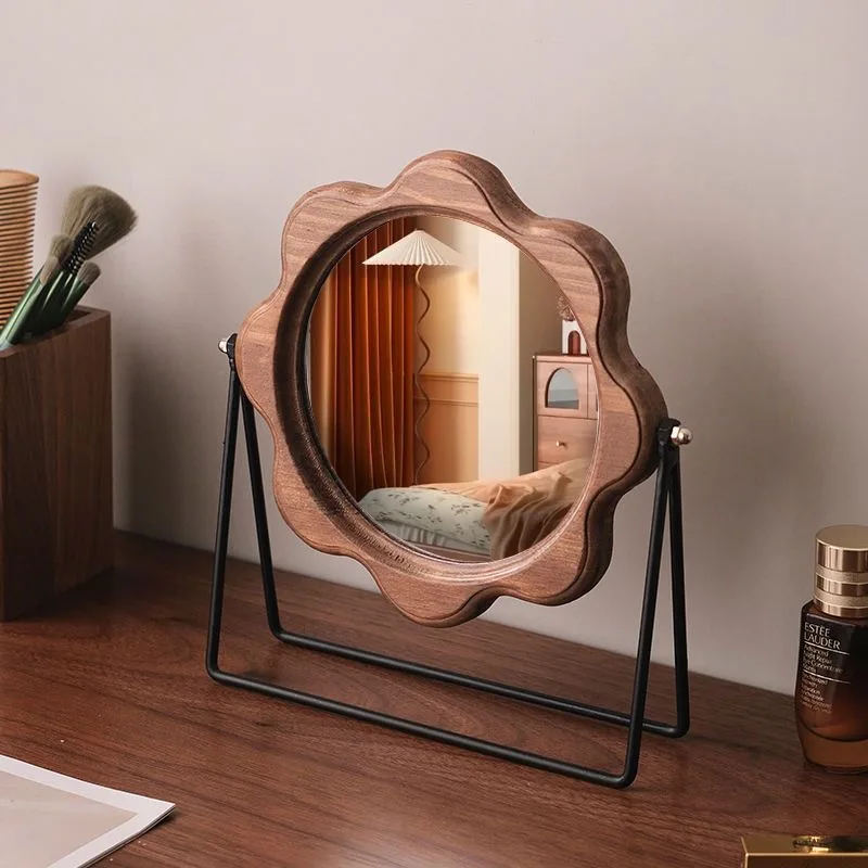 French Style Desktop Makeup Mirror Retro Wooden Flower Design Reversible Decorative Mirror Desktop Home Decor Exquisite Gift