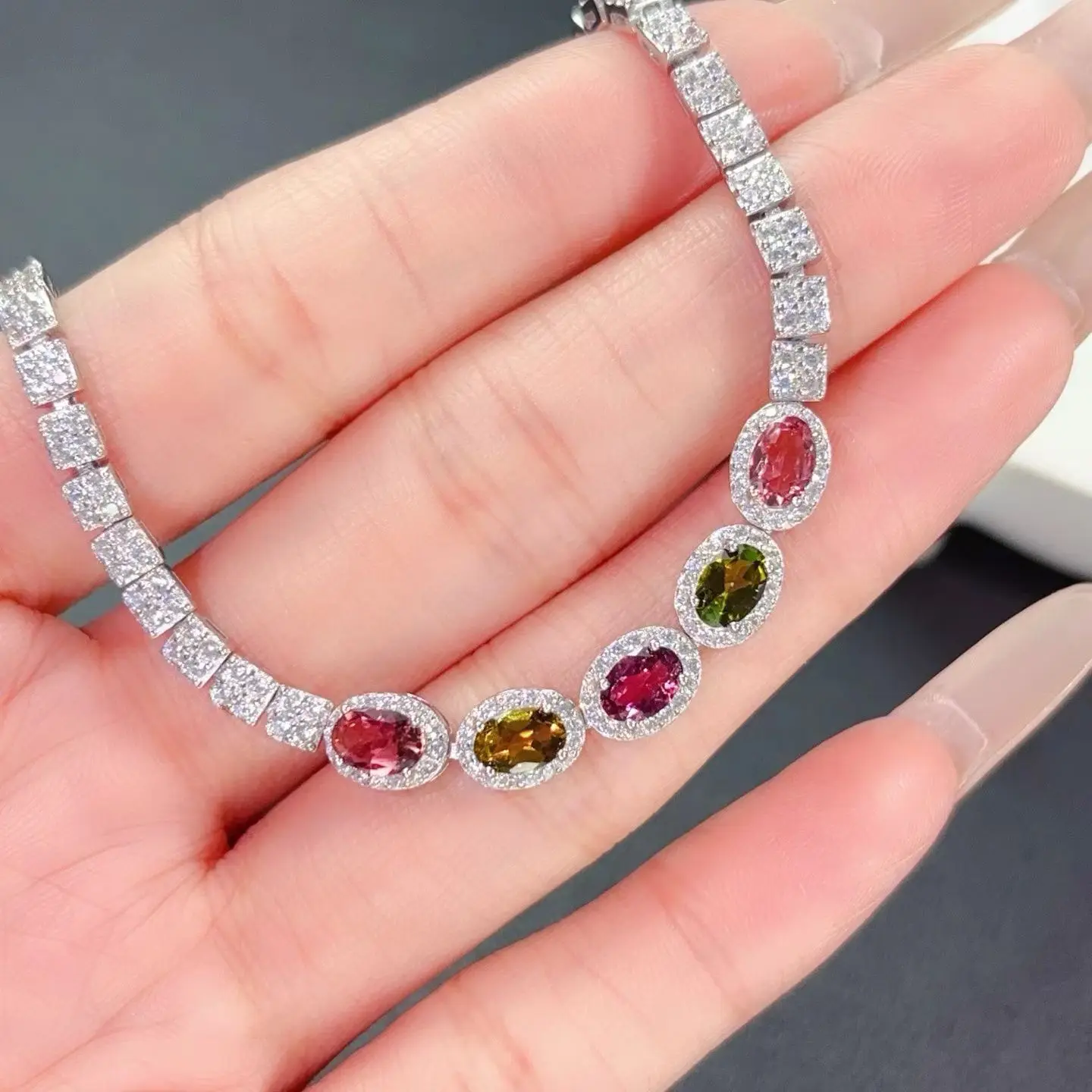 Multi-color Tourmaline Bracelet 4*6mm 2.5ct Natural Tourmaline Jewelry with Certificate 925 Silver Bracelet with Gold Plating