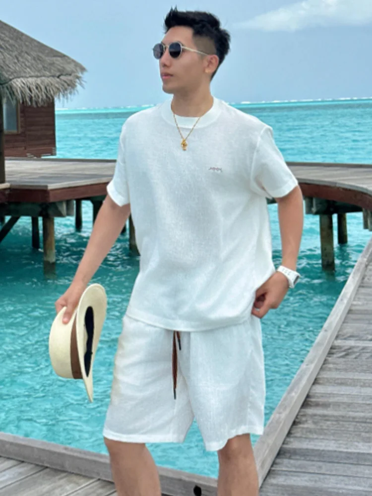 summer-new-casual-sportswear-set-men's-clean-embroidery-round-neck-short-sleeve-five-point-loose-two-piece-set-t-shirt-shorts