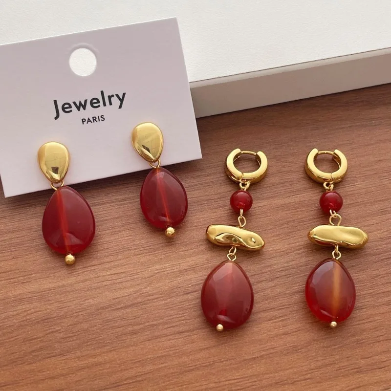 Minar Textured Red Color Natural Stone Metallic Beads Water Drop Dangle Earrings for Women 14K Real Gold Plated Copper Alloy