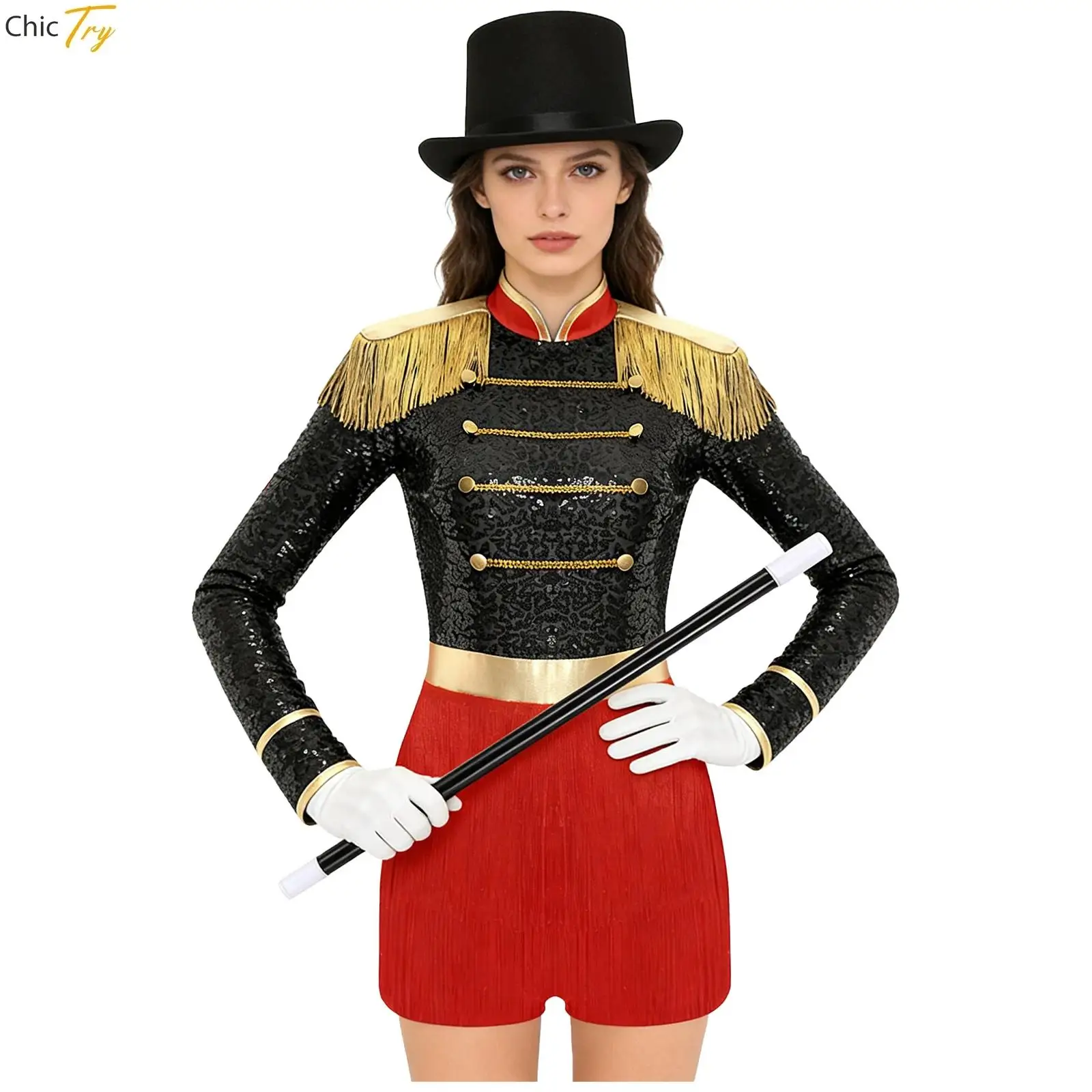 Disfraz de maestro de ceremonias de circo para mujer, disfraz de Halloween con purpurina, domador de León, Majorette, mono de payaso de Carnaval + guantes, sombrero + varita