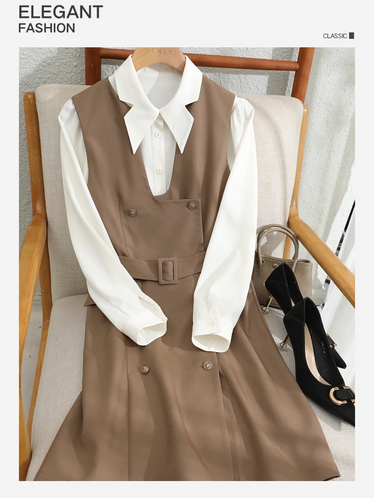 Vimly Office Lady Elegant 2 Piece Dress Sets Womens Outfits 2023 Autumn Long Sleeve Shirt Belt Double Breasted Tank Dress M2591