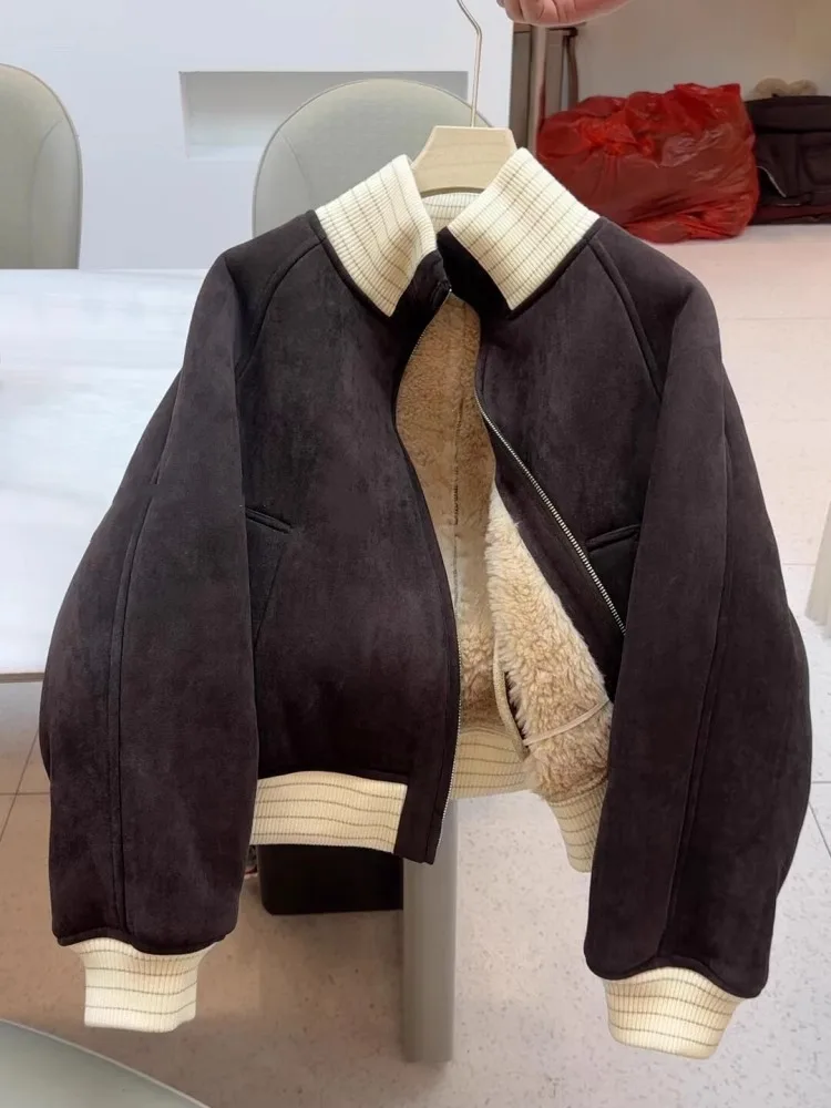 

Утепленная женская зимняя куртка из овечьего меха с подкладкой из флиса, большие размеры, корейский стиль, высококачественная, антивозрастная, с воротником-стойкой