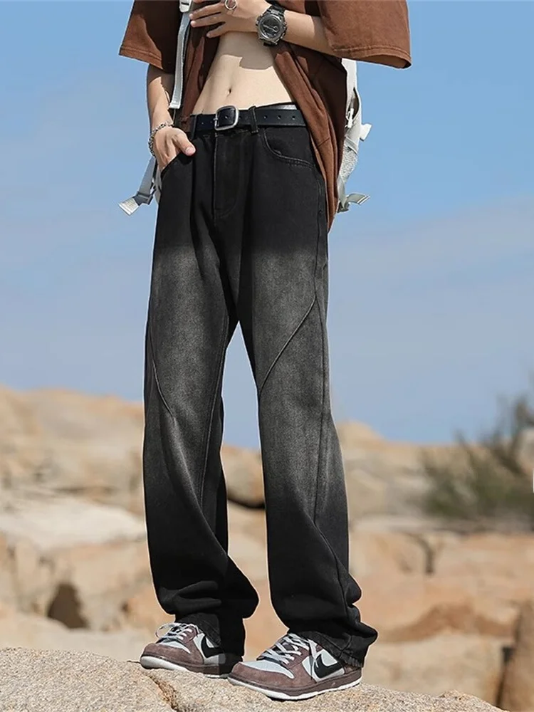 

Черные джинсы Graduated Black Jeans для мужчин в американском стиле, модные свободные брюки с широкими штанинами, прямые длинные брюки в стиле High Street.