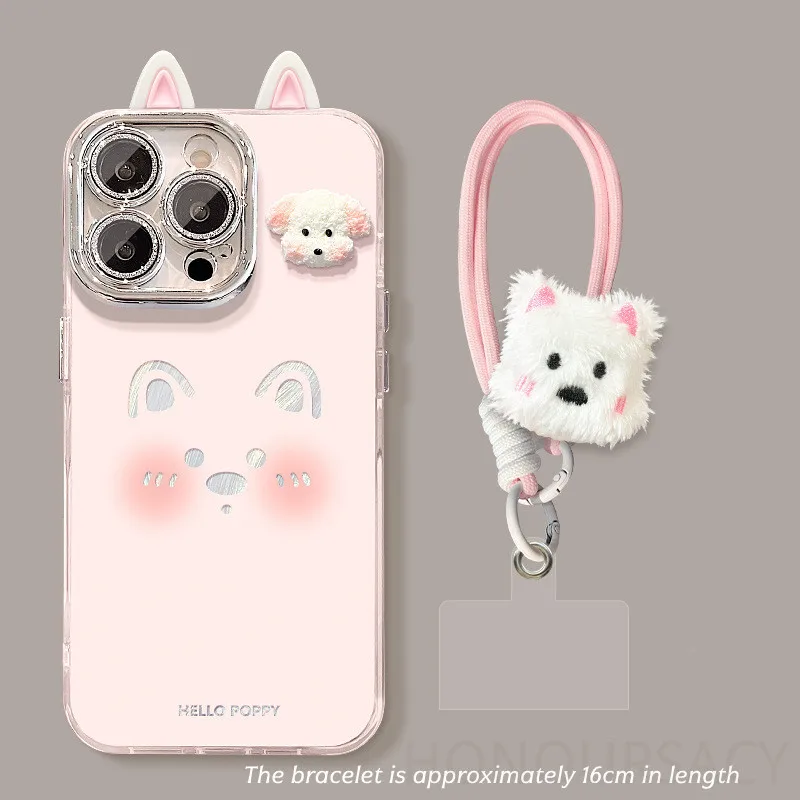 

Роскошный чехол для телефона Veil Puppy Dog с милым перьями и ремешком для IPhone 11, 12, 13, 14, 15, 16, 17 Pro Max Plus, противоударный чехол