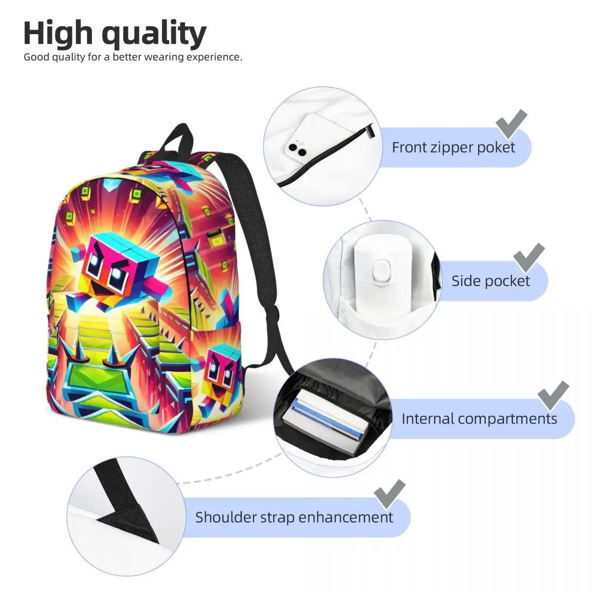 Geometry Cube-mochila Gaming Dash para hombre y mujer, morral de lona para estudiantes de secundaria primaria, mochila de lona para senderismo