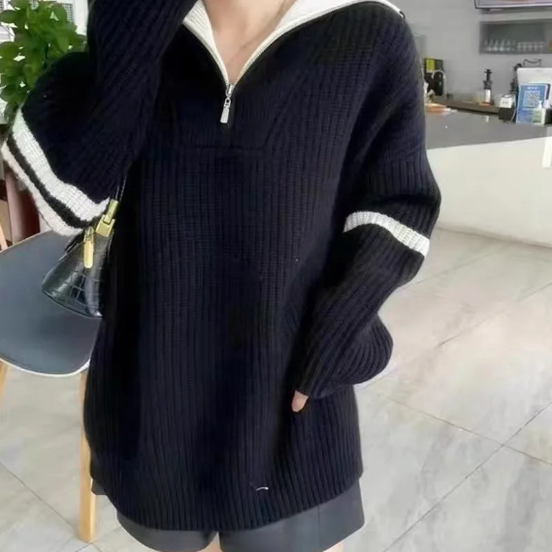 Korean style autumn thick mid length pullover sweater women's design sense color blocking loose and lazy style kinnted top