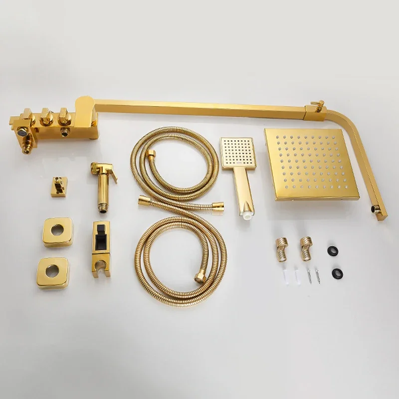 Bathroom Wall Mounted Rainfall Gold Finish Shower Stir Head Faucet Set with Bidet Spray