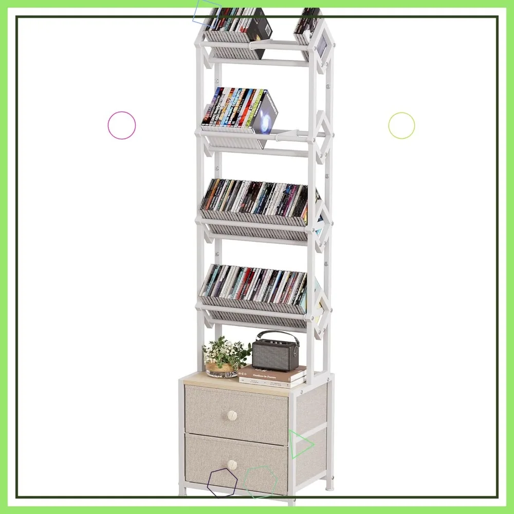 

5-Tier CD DVD Storage Rack with Drawers, Large Media Organizer for Books & Games, Ideal Living Room Home Office