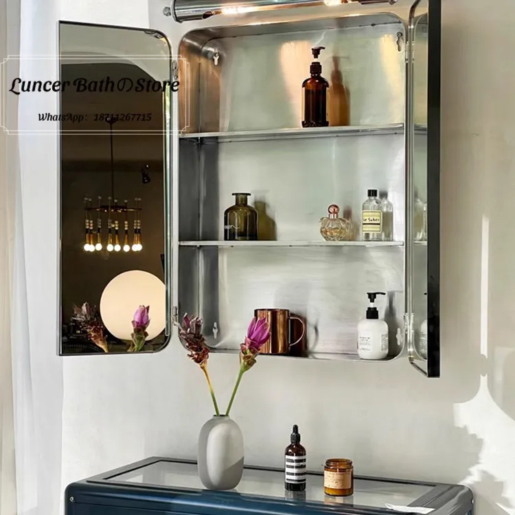 Stainless Steel 3 Fold Bathroom Mirror, Modern Minimalist Wall Mounted Vanity Mirror, Foldable Medicine Cabinet with Storage