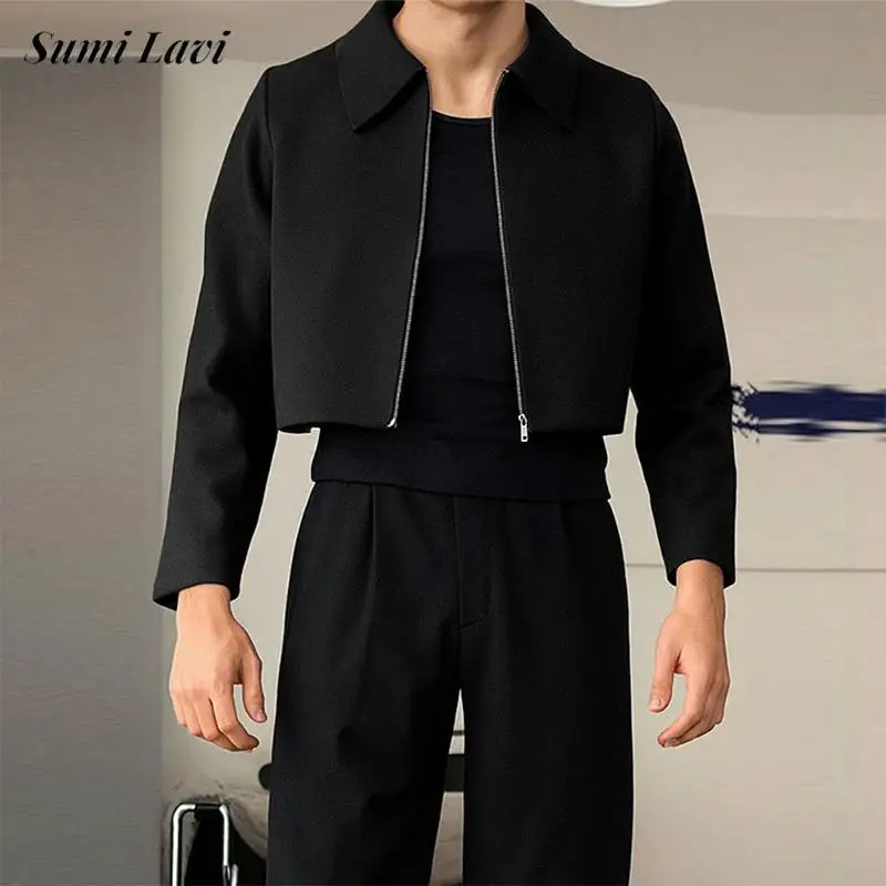 Y2K Style Mens Crop Zip-up Jackets Daily Leisure Slim Solid Color Lapel Jacket 2026 Fall Streetwear Long Sleeve Men Jacket Tops