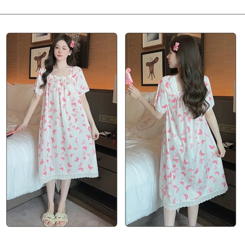 5XL Plus Size Women Nightgowns Summer Pajamas Korean Style Bubble Cotton Short Sleeve Sleep Dress Soft Comfotable Loungewear