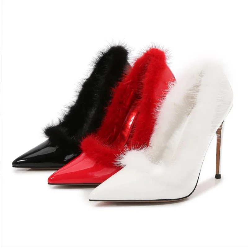 

12cm Women Pumps Designer Fur High Heels Pointed Toe Sexy Celebrity Chic Stilettos Furry Flufft Party Bridemaids Dress Shoes