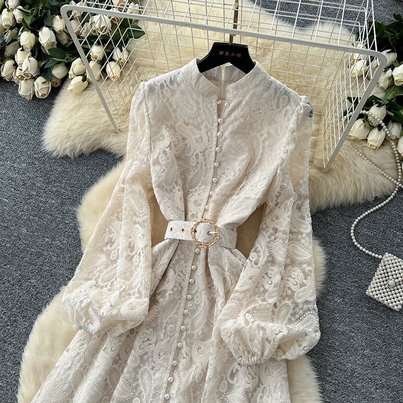 Spring Autumn High End Elegant Birthday Party Women's Dress New French Hook Flower Single Breasted Slim Lace Long Dress S89