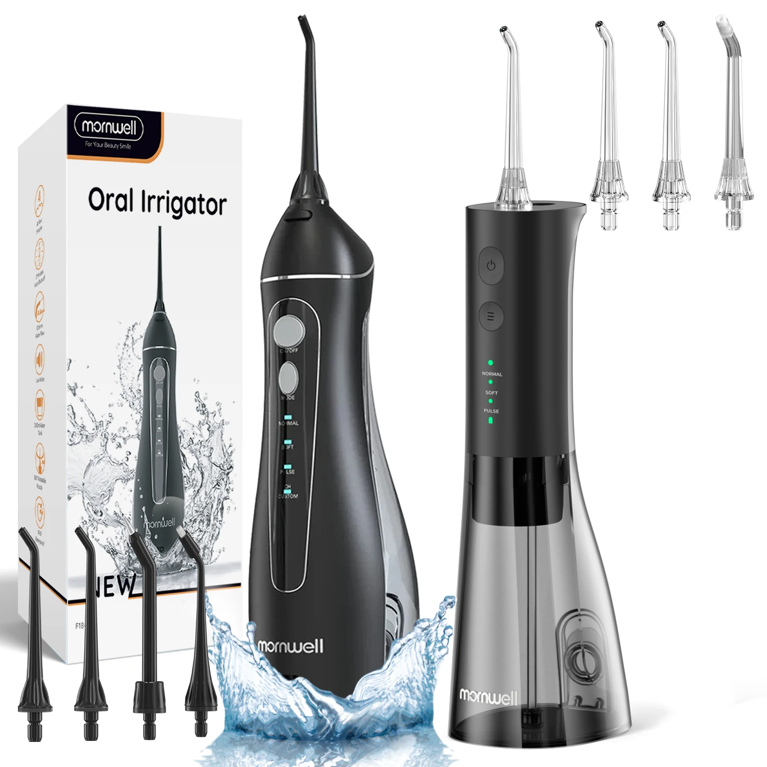 4 가지 모드, 7 개의 교체 가능한 제트 팁, 2pcs 충전식 치아 클리너 블랙 세트가있는 Water Flosser 휴대용 치과 구강 세정기