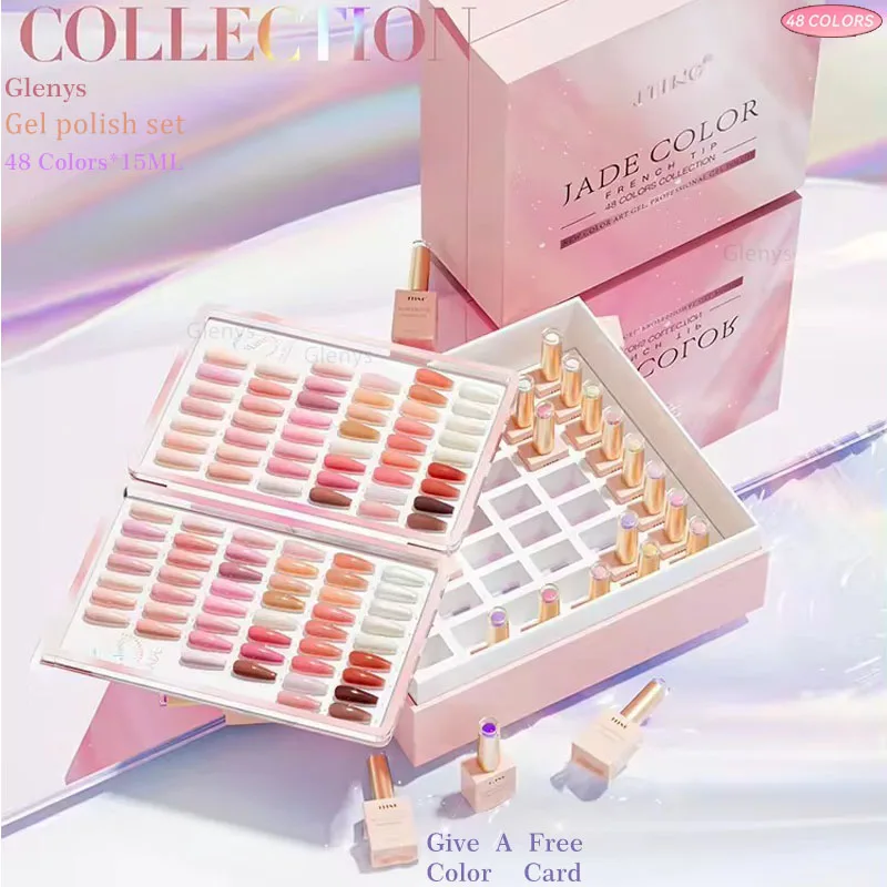 

Glenys 48 color nude powder nail polish glue powder whitening semi permanent immersion gel color matching card nail polish set
