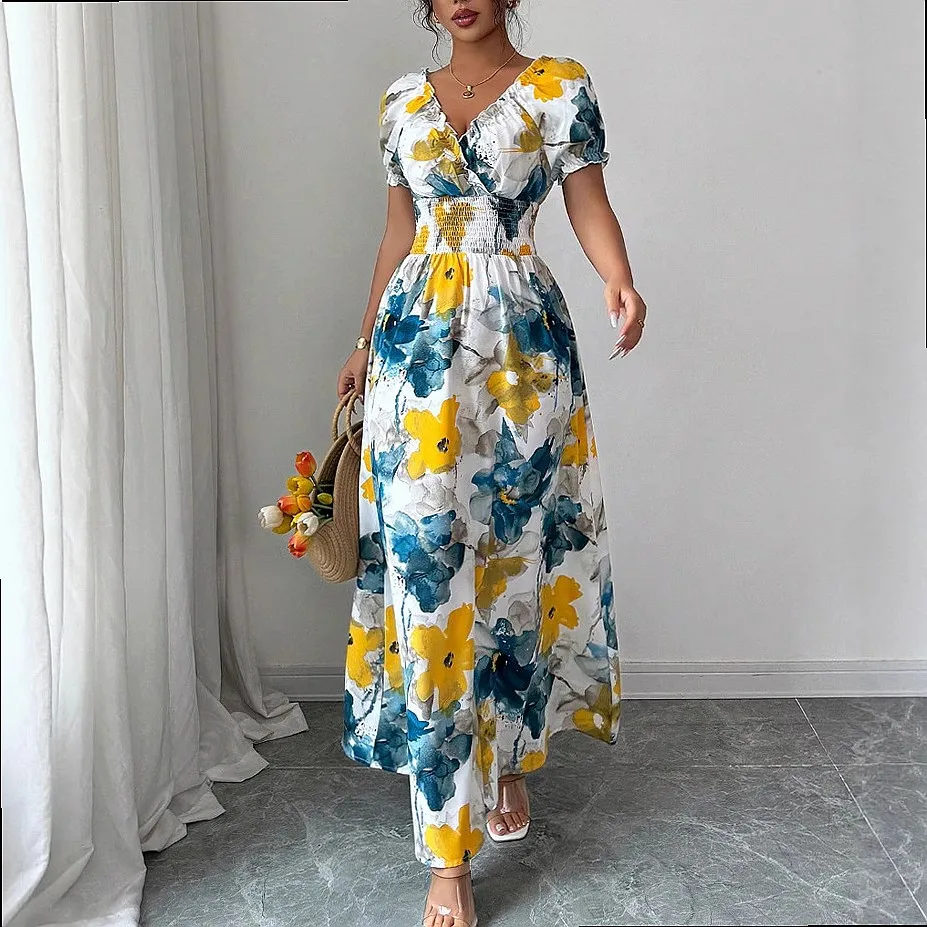 Summer Bubble Sleeve V Neck Floral Print Long Dress Dresses Spring Summer Flowy Casual Maxi Dresses