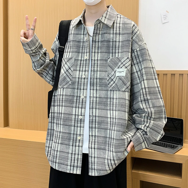 

Men's Long Sve irt Casual Plaid Loose Fit American Sle High End Feel Collared Spring Autumn New Trend Brand Faion Ur...