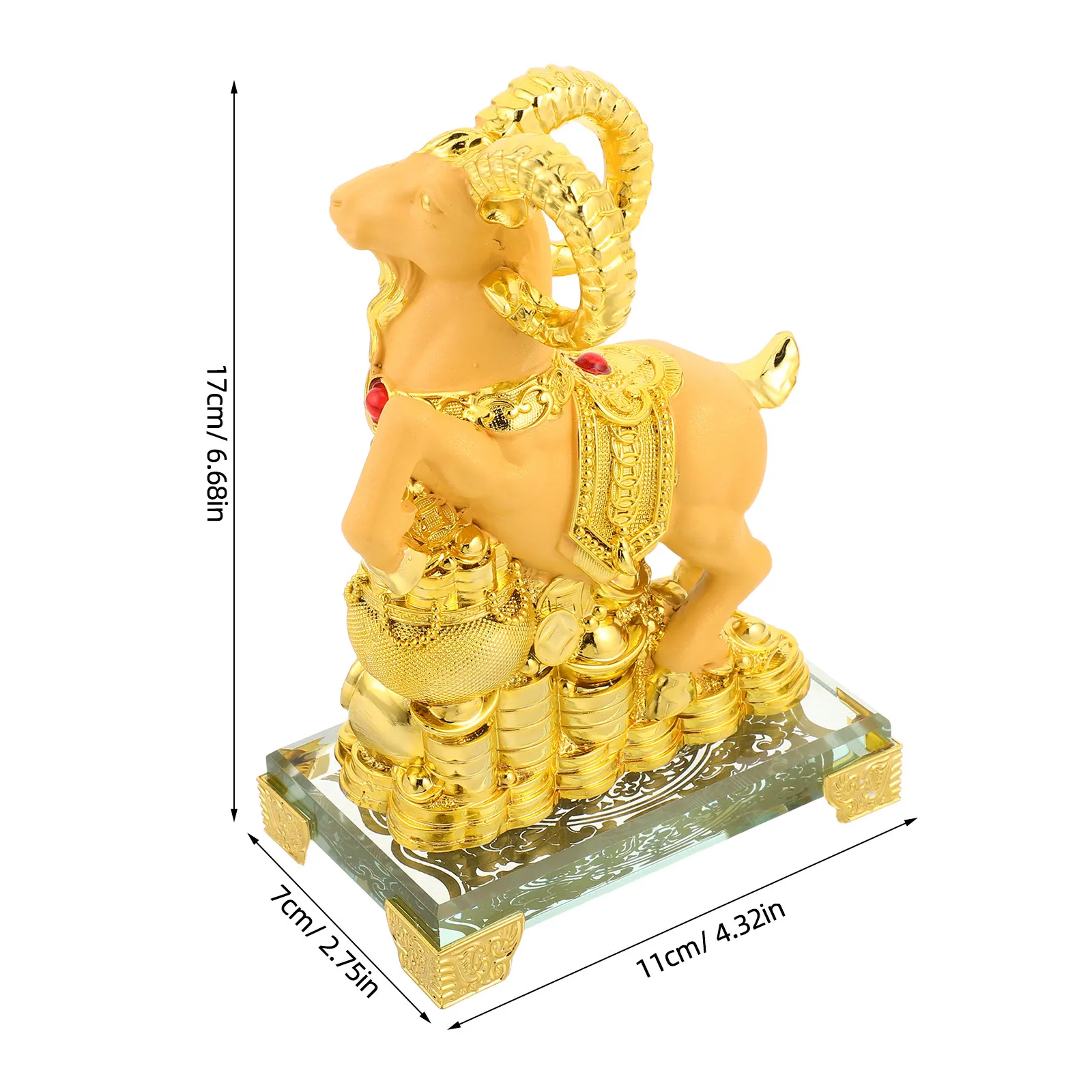Chinese Zodiac Goat Statue Golden Resin RAM Ornament Prosperity Coin 6.7x4.3x2.8 Desktop Fengshui New Year 2027 Decoration