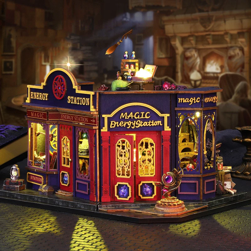 NIEUWE DIY Houten Miniatuur Model Kit Magische Energiestation Casa Poppenhuizen 3D Puzzel Poppenhuis Met Meubels voor Vrienden Geschenken