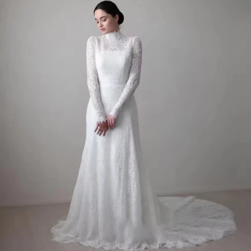 

Elegant Muslim Wedding Dresses High Collar Long Sleeve Mermaid Lace Bridal Gown Customized فساتين حفلات الزفاف