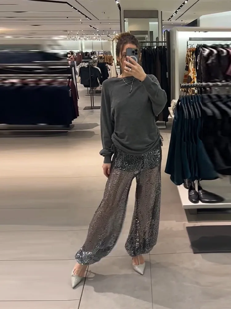 ترتر شفاف للحفلات سراويل فضفاضة للنساء عالية الخصر واسعة الساق مسائية لامعة أنيقة سراويل نسائية 2025 ثوب جديد سراويل الشارع