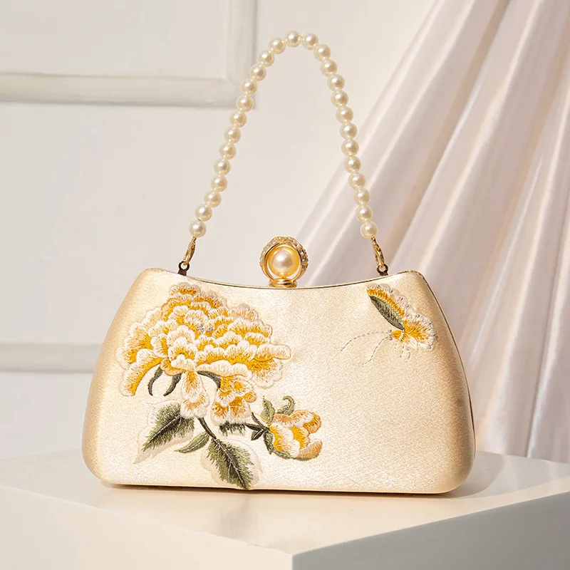 

Vintage Flower Embroider Champagne Small Clutch Handbags For Women Wedding Party Dinner Evening Bags Metal Chain Shoulder Bag