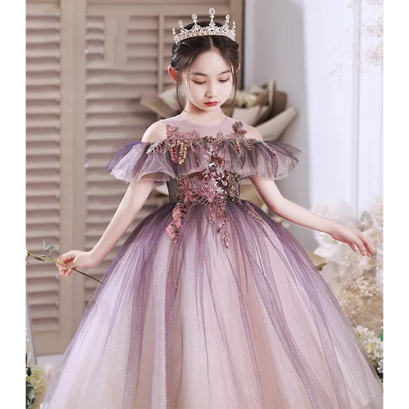 Flower Girls Birthday Party Princess Purple Off Shoulder Haftowana suknia ślubna Prom New Year Puszysta tiulowa sukienka dziecięca