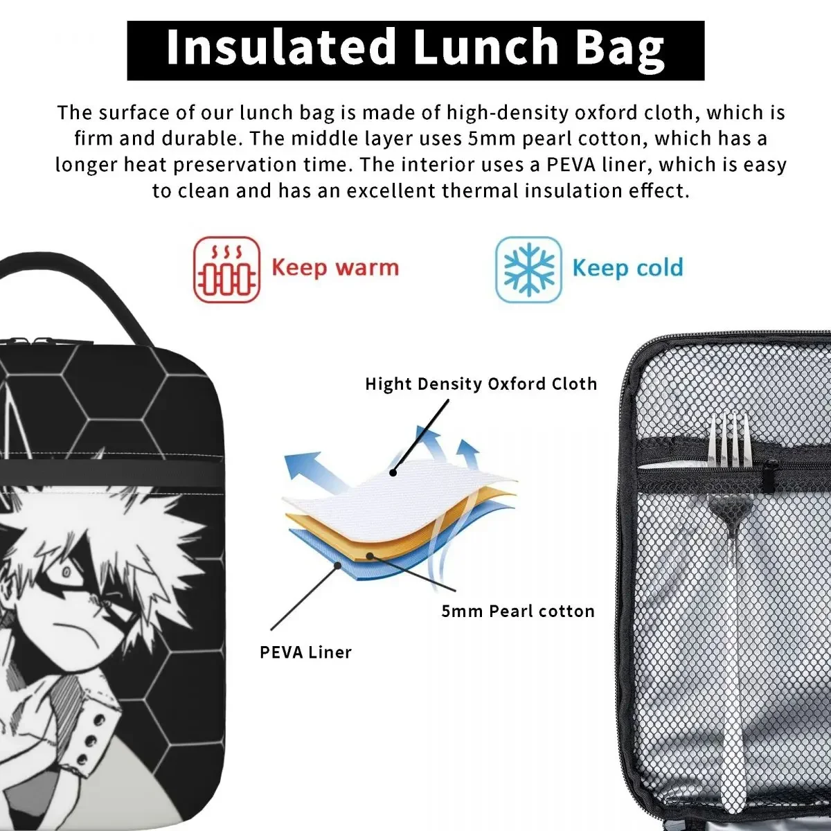 My Hero Academia Thermal Insulated Lunch Bags Katsuki Bakugo Anime Resuable Lunch Container for School Multifunction Food Box