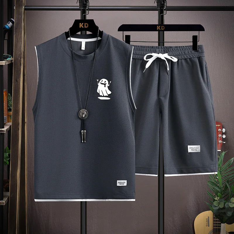 

Teenage 2025 Sports Set Men's Summer Hong Kong Sle round Ne orts Vest Loose Fit Two-Piece Set Casual Polyester Fiber