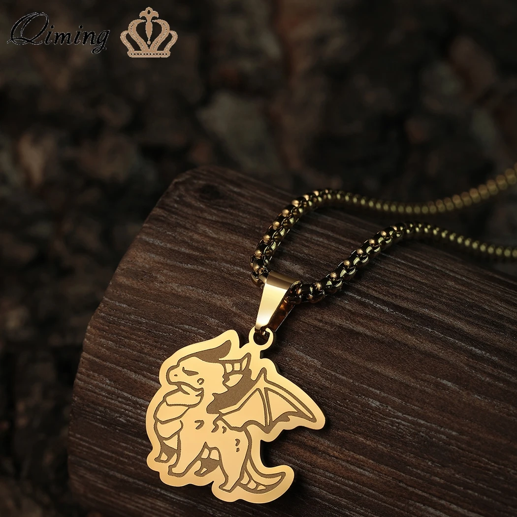 QIMING Grumpy Little Winged Dragon Men Necklace Stainless Steel Jewey Gold Color Animal Punk Pendant Necklace 