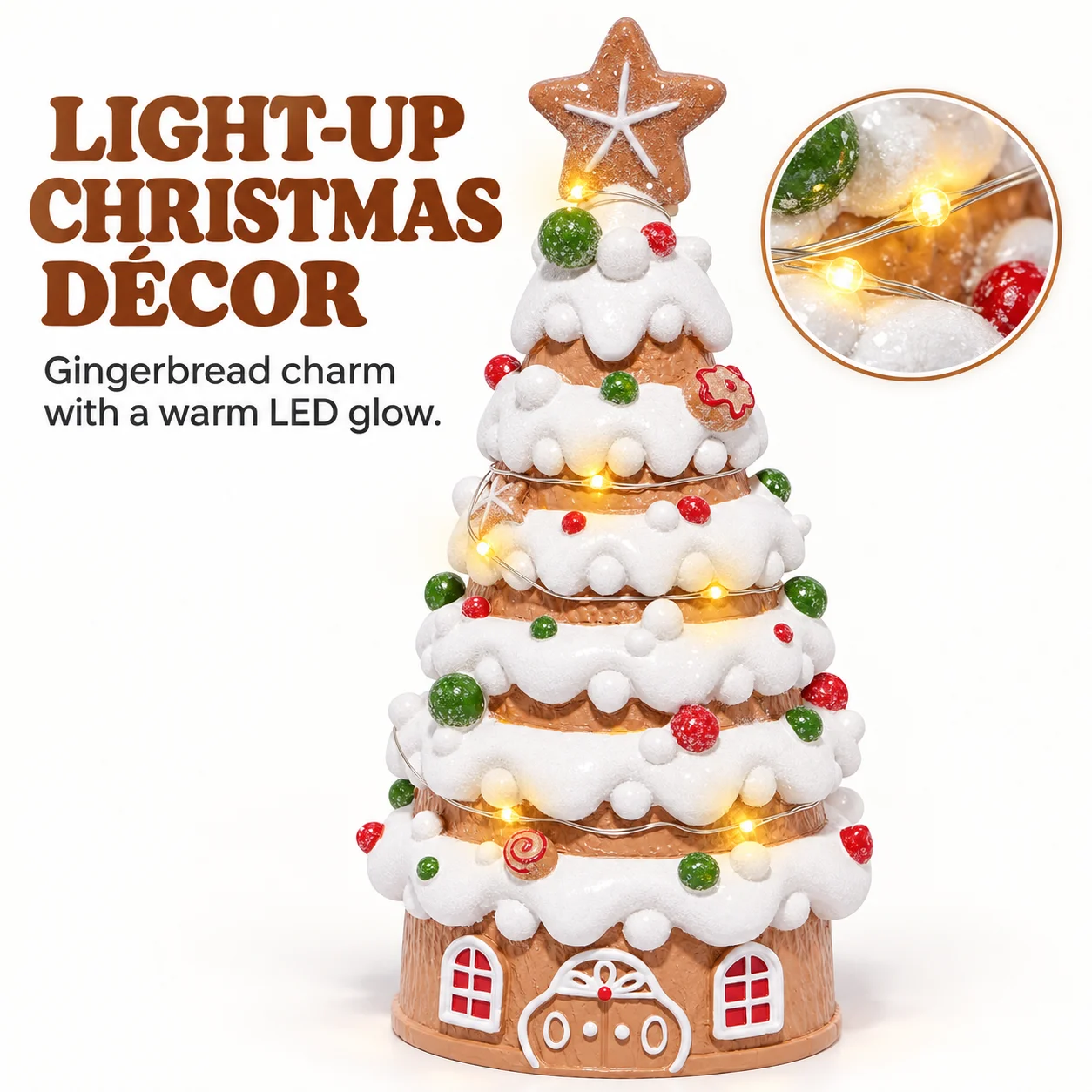 Hodao Light-Up Gingerbread Tree Ornament, Resin Christmas House Figure with Layered Icing, Colorful Candy Balls, Star Topper and Warm LED Garland, Uses 2 AAA Batteries, Collectible Tabletop Accent for Winter Home, Mantel, Shelf, Kitchen or Seasonal Gift
