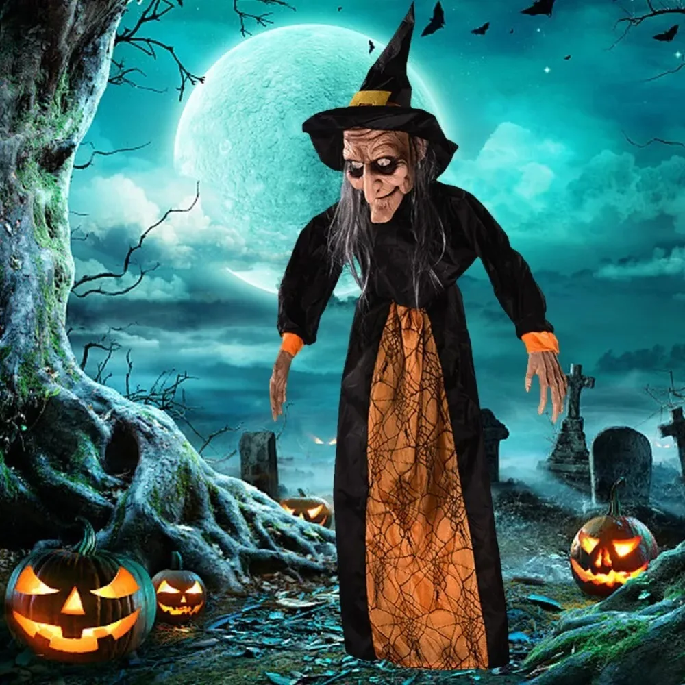 Halloween Life Size Talking Witch Outdoor Sound Activation Spooky Animatronic Witch Halloween Decoration Purple