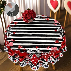 1 Piece Valentine's Day Round Tablecloth, 5 Sizes Available, Black and White Stripes Love Printed Tablecloth, Matching 4 Tablecloth Stickers, Edge Embossing Process, Valentine's Day Garden Tablecloth Decoration, Tablecloth for Daily Home Kitchen, Terrace, Valentine's Day Gift