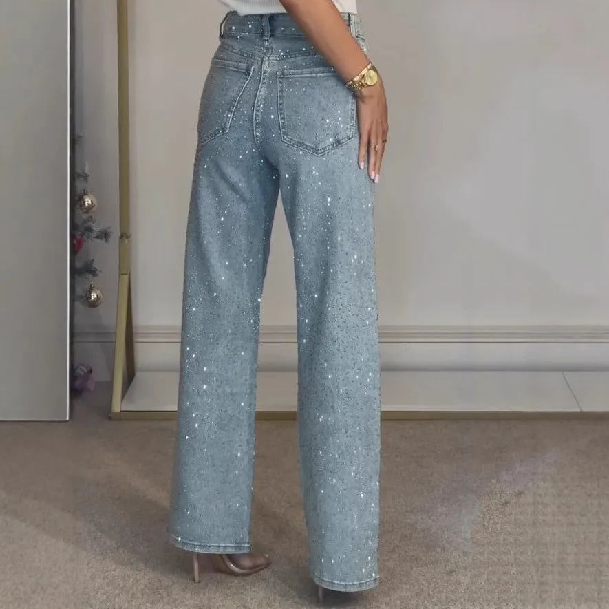 High Waist Straight Leg Jeans with Rhinestone Detail Edgy Street High Stretch Regular Thickness Full Length Spring Women Jeans