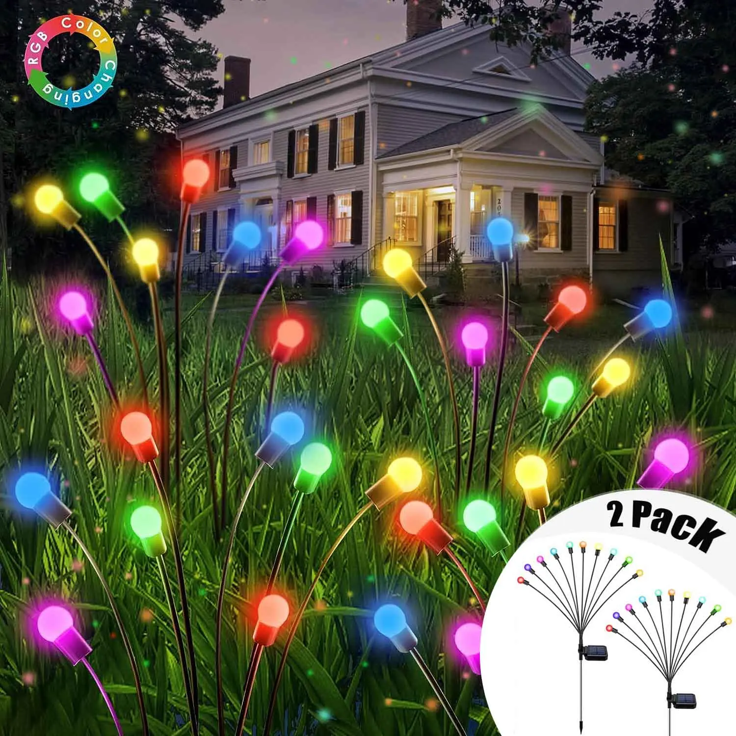 2Pack Solar Firefly Lights Colorful Solar Garden Lawn Lights Outdoor Waterproof Swaying Light for Yard Pathway Xmas Decoration