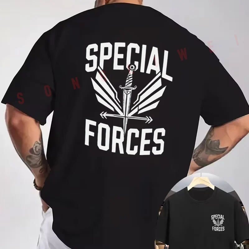 SPECIAL FORCES Tactical Design Motorcycle Double-Sided Print T-Shirt Summer Men Short Sleeve O-neck Casual Tops Tee