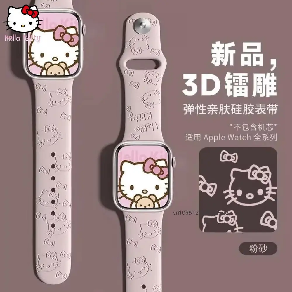 Tali Sanrio Hello Kitty untuk Apple Watch Band 45Mm 44Mm 42Mm 41Mm 38Mm 49Mm 40Mm Gelang Terukir Silikon Iwatch Kartun Lucu