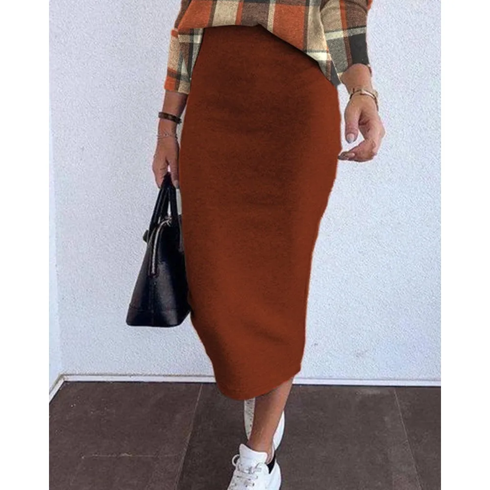 Autumn Winter Retro Plaid Print Skirt Suit Female Casual Long Sleeve High Collar Blouses Hip Wrap Skirt 2 Piece Sets For Women