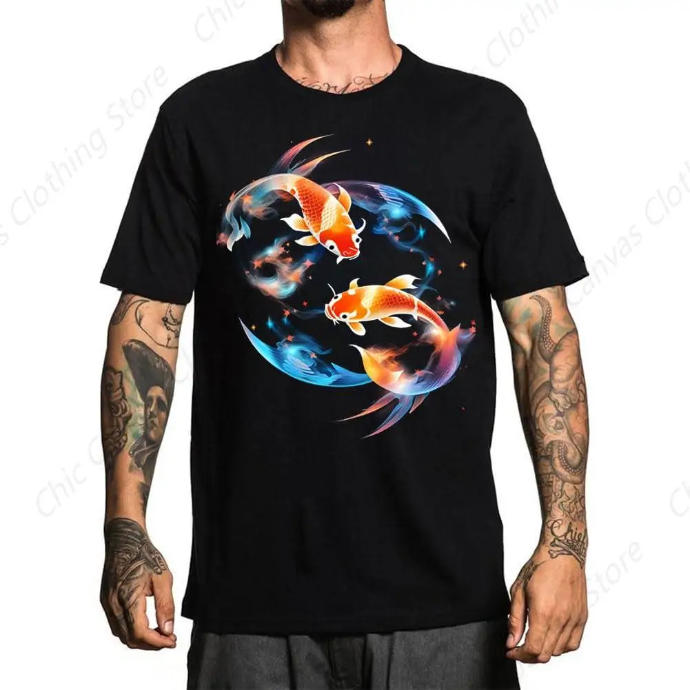 

Men's Ying Yang Koi Printed T-shirt with Novel Fashion Pattern Cotton Comfortable Short Sleeve Top