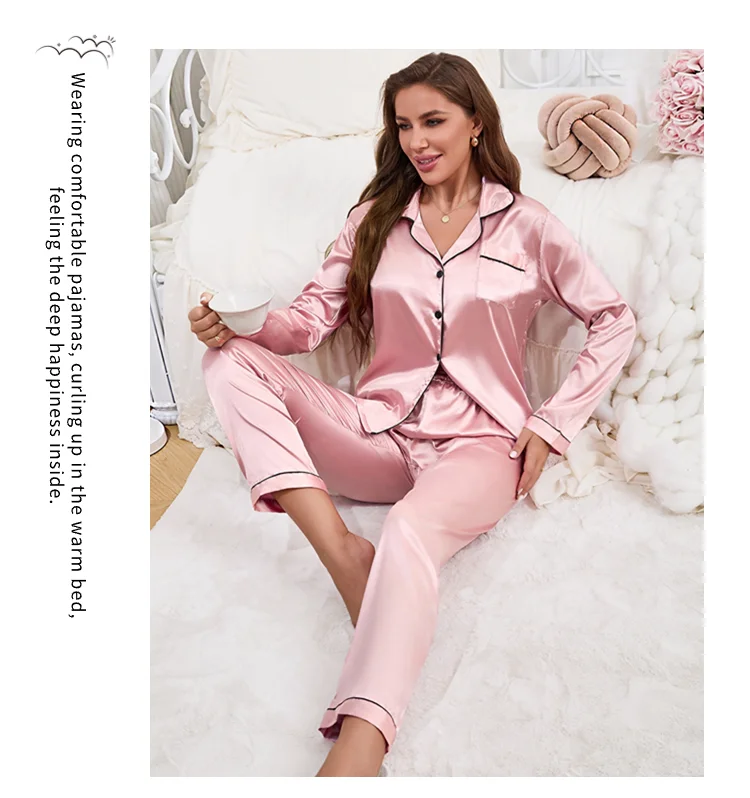 Damen-Pyjama-Set, Nachtwäsche, Anzug, Loungewear, Pyjama-Set, Satin, langärmelig, Oberteile mit Hosen, 2-teilig, Pyjama, Pyjama für Damen – Detail 5