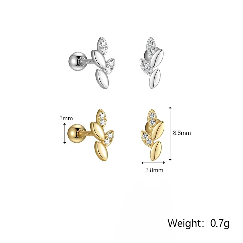 WANTME 925 Sterling Silver Romantic Leaf Screw Beads Piercing Stud Earrings for Women Sweet Flower Ear Bone Jewelry Accessories