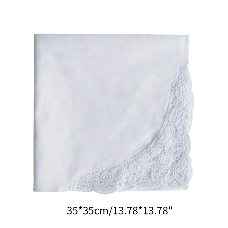 652F Multifunctional Soft Cotton Handkerchiefs for Women White Hankies Flower Edges Delicate Lace Handkerchiefs Women