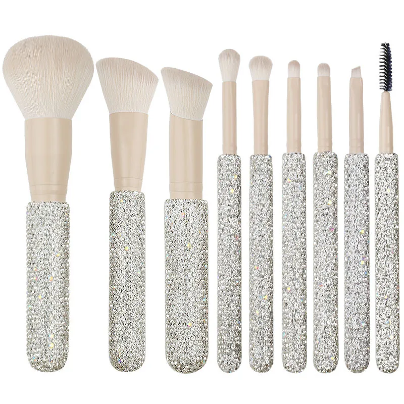 

New diamond 9piece makeup brush brown diamond handle sticker silver diamond beauty tool full set Internet celebrity makeup brush