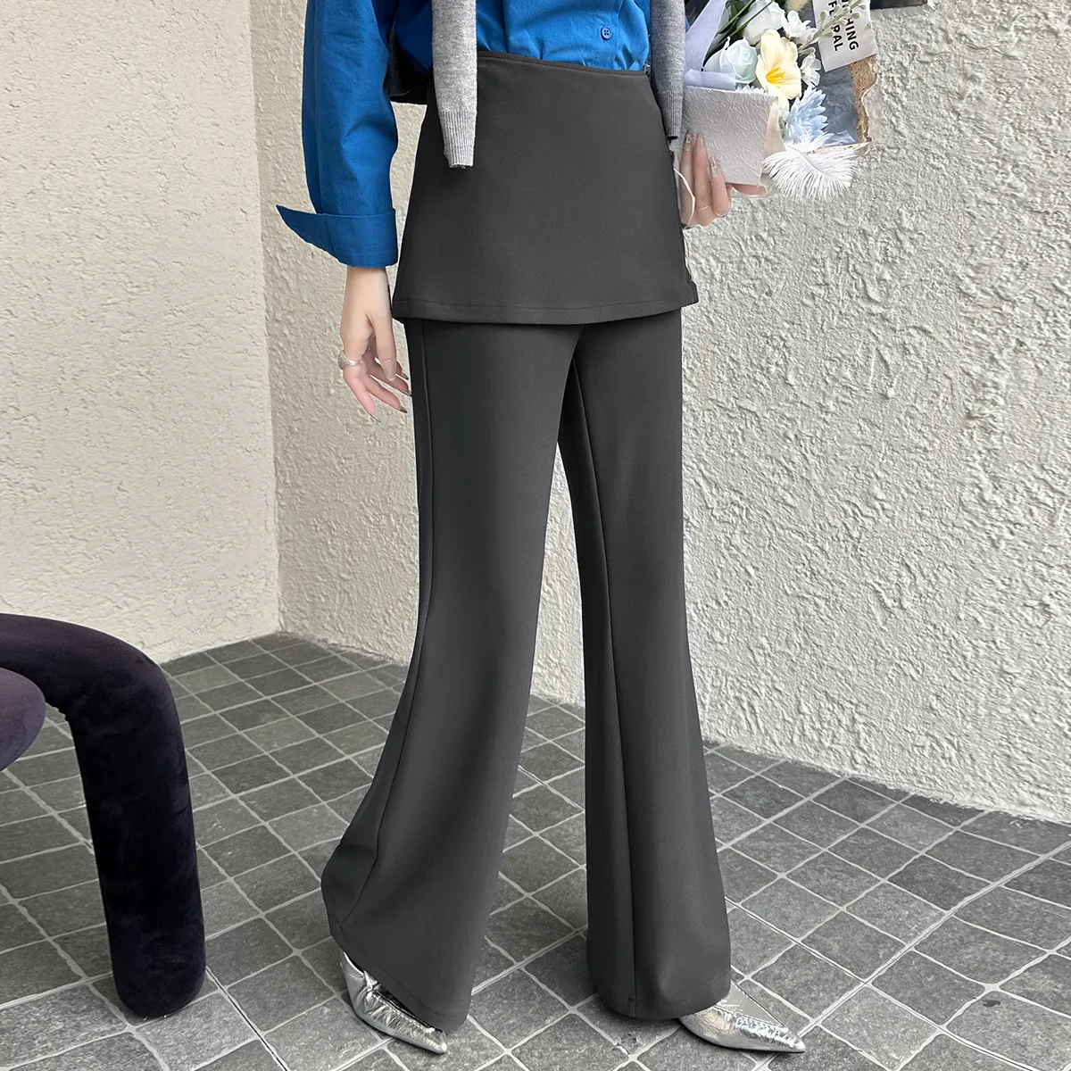 LOUISYAO Women's Flared Pants 2026 Spring Autumn Fake Two-Piece Patch Design Stretchy Casual Versatile Long Trousers