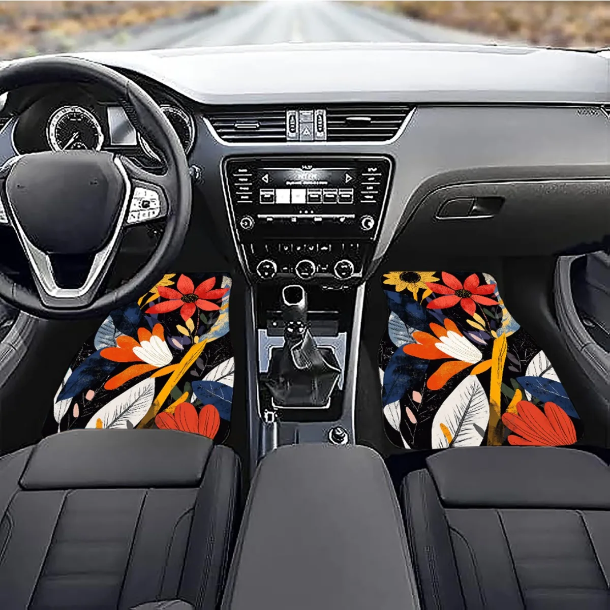 1pc Hkstorage Modern Geometric Floral Abstract Sunflower And Lily Printed Non-Deformable Car Mats - Durable, Aesthetic And Funct